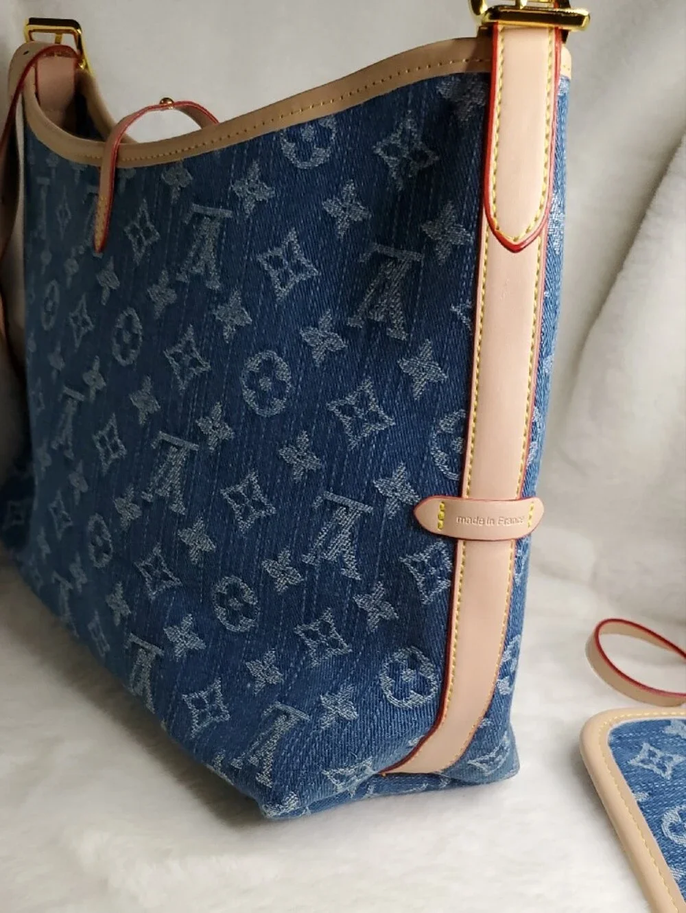 Blue Monogram Denim Shoulder Bag with Beige Trim